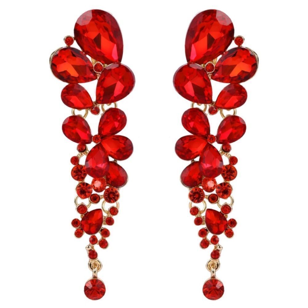 Yellow Gold with Ruby Red Austrian Crystal Chandelier Statement Clip On Earrings